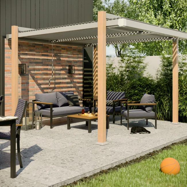 Cobertizo para terraza de aluminio Odyssea efecto madera 320x358 cm