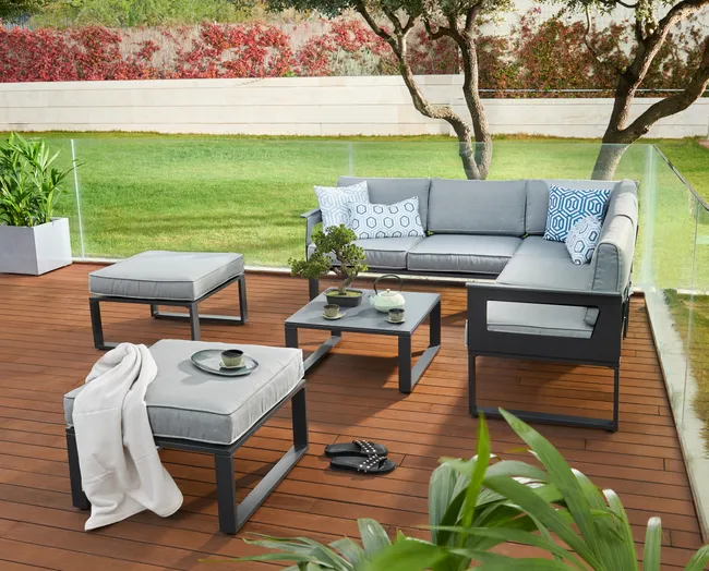 Set de sofás y mesa baja Odyssea de aluminio antracita para 7 personas