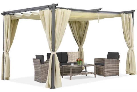 Refugio exterior para terraza beige con cortinas La Palma 3x4