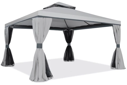Pabellón de jardín con mosquitera y cortinas Valencia gris 4 x 4 m