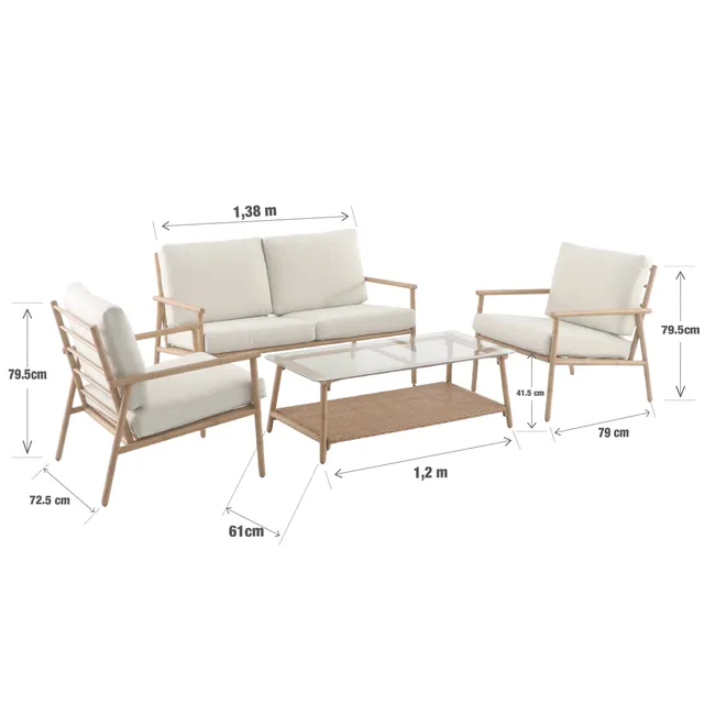 Set de divani y tavolino basso en aluminio.