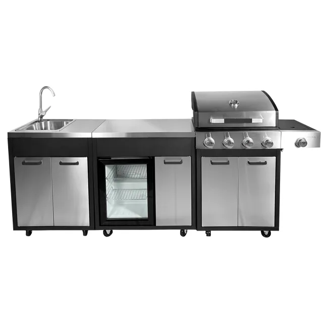 Parrilla a gas a 4 fuochi. Mueble cucina de jardín 2,63 kW + lavello + frigorifero