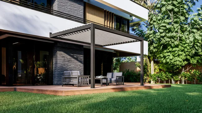 Pérgola bioclimatica appoggiata su Genova 4x3 m grigia con doghe bianche