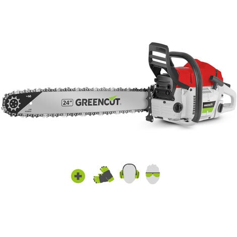 Motosierra a gasolina 75cc 4,8HP, con motor a gasolina 2 tempi, 24 lame, lunghezza corte 61cm, ideale para abbattere y potare alberi, peso 8,75kg - Greencut GS750X