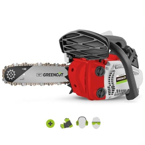 Motosierra a gasolina de 25,4 cc 1,4 CV, con cuchilla de 10", arranque facilitato, sistema antivibrante, include protezione cuchilla y kit - Greencut GS250X-10