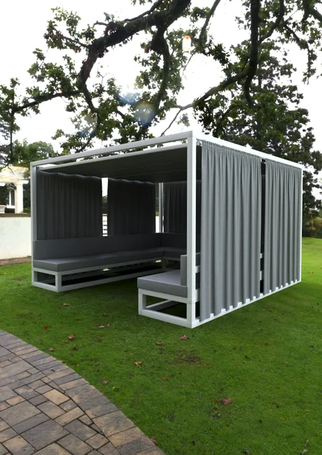 Set cenador Madagascar de aluminio gris c/sillón, techo y cortinas de 3,5x3,5 m