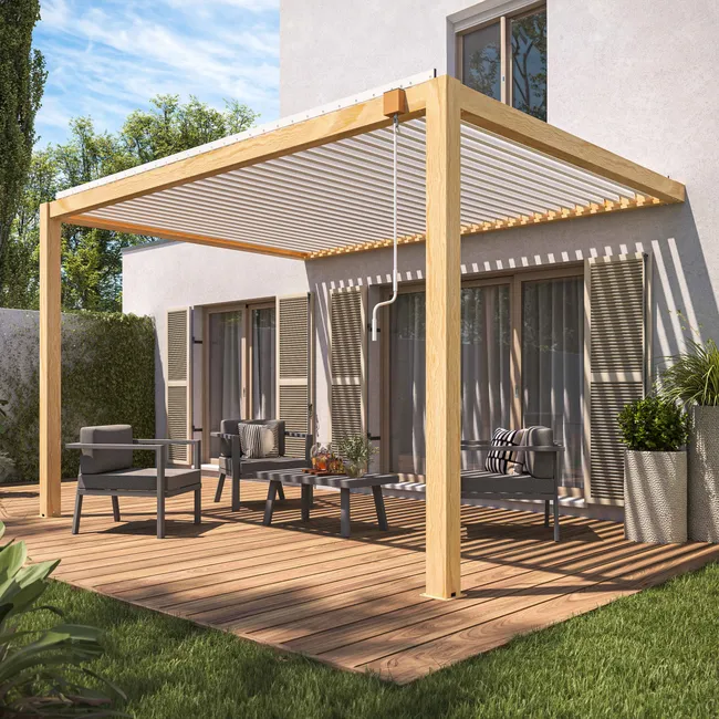 Pérgola bioclimática adosada de 3 x 4m blanco con decoración en madera - Oviala