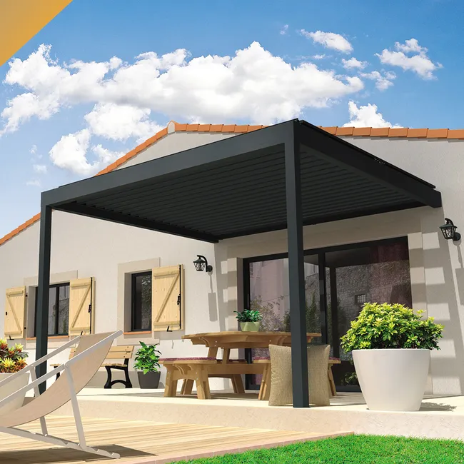 Pérgola bioclimática LEVANTE 4,00x4,613 M Motorización con pistón eléctrico y mando a distancia (Gris)