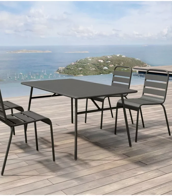 Mesa de pranzo de jardín en metal antracita MIRMANDE: un mesa L.160 cm y 4 sillas impilabili