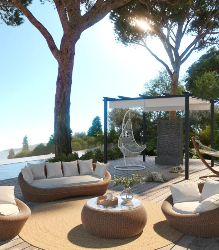 Salón de jardín en resina trenzada color caramello: sofá, 2 sillones y tavolino - WHITEHEAVEN